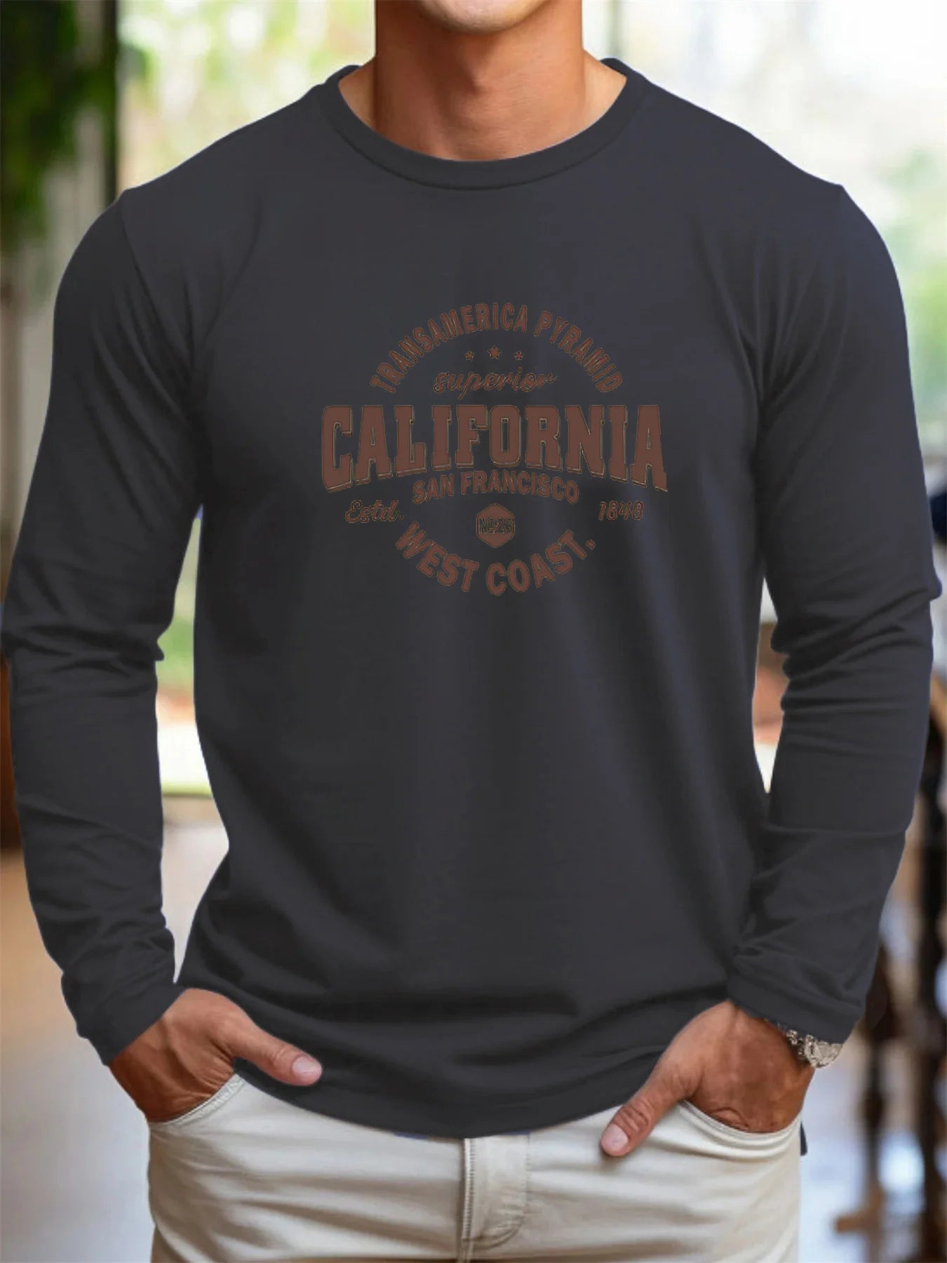 Men's 100% Pure Cotton Loose and Comfortable T-shirt, Long-Sleeve Crew Neck California Letter Print T-shirt for Sports and Leisure