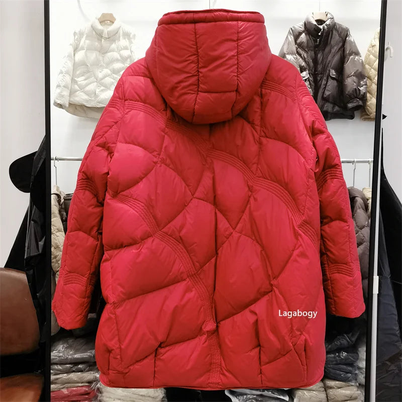 Lagabogy-abrigo holgado de plumón de pato blanco para mujer, Tops Vintage de un solo pecho, chaqueta acolchada cálida con capucha y bolsillo para mujer, exterior, 2025