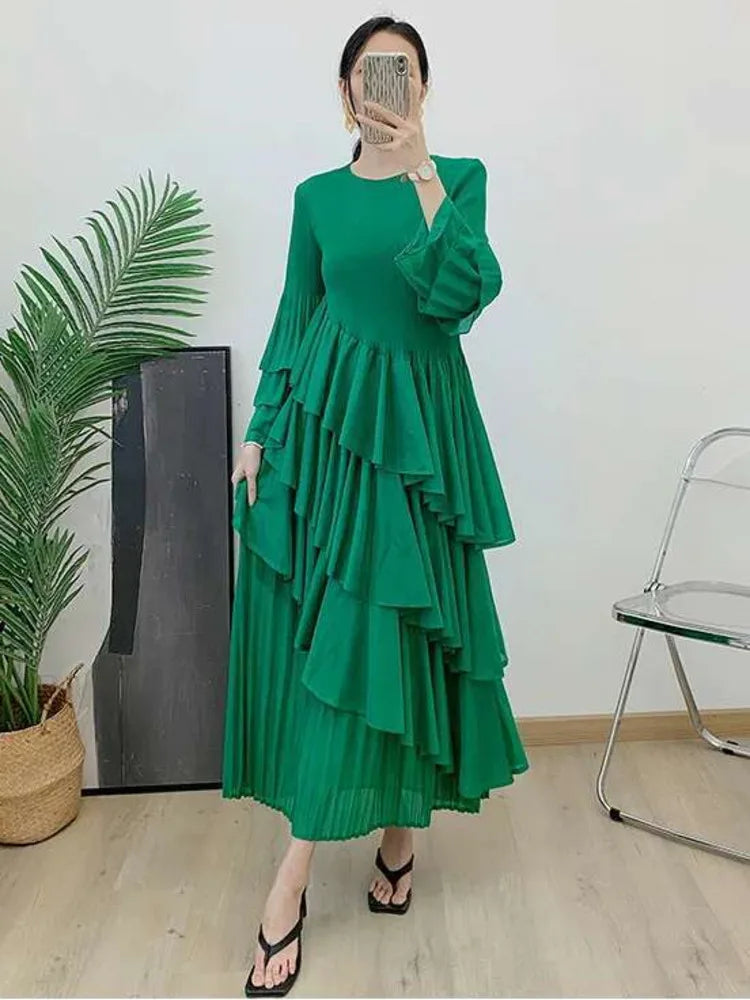 GVUW, vestido plisado para mujer, manga acampanada completa, línea A, volantes empalmados, cuello redondo, fiesta de noche, ropa elegante para mujer 17G4475