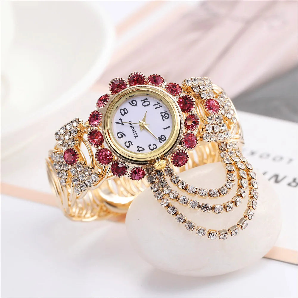 Reloj de pulsera brillante para mujer, elegante Reloj de pulsera de acero inoxidable de oro rosa de lujo, Reloj de pulsera con diamantes de imitación para mujer, Reloj saati
