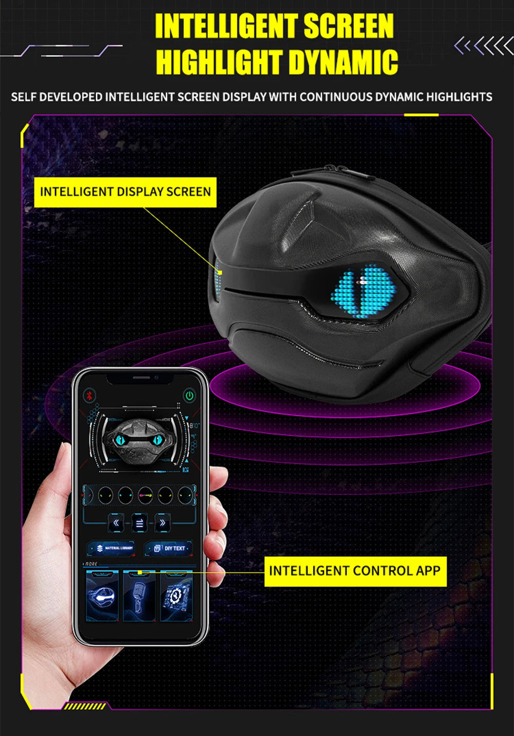 Bolso de Ciclismo Estilo Gargoyle Gris con Pantalla LED, Control por Aplicación, Resistente al Agua, Pantalla Dinámica, para Viajes
