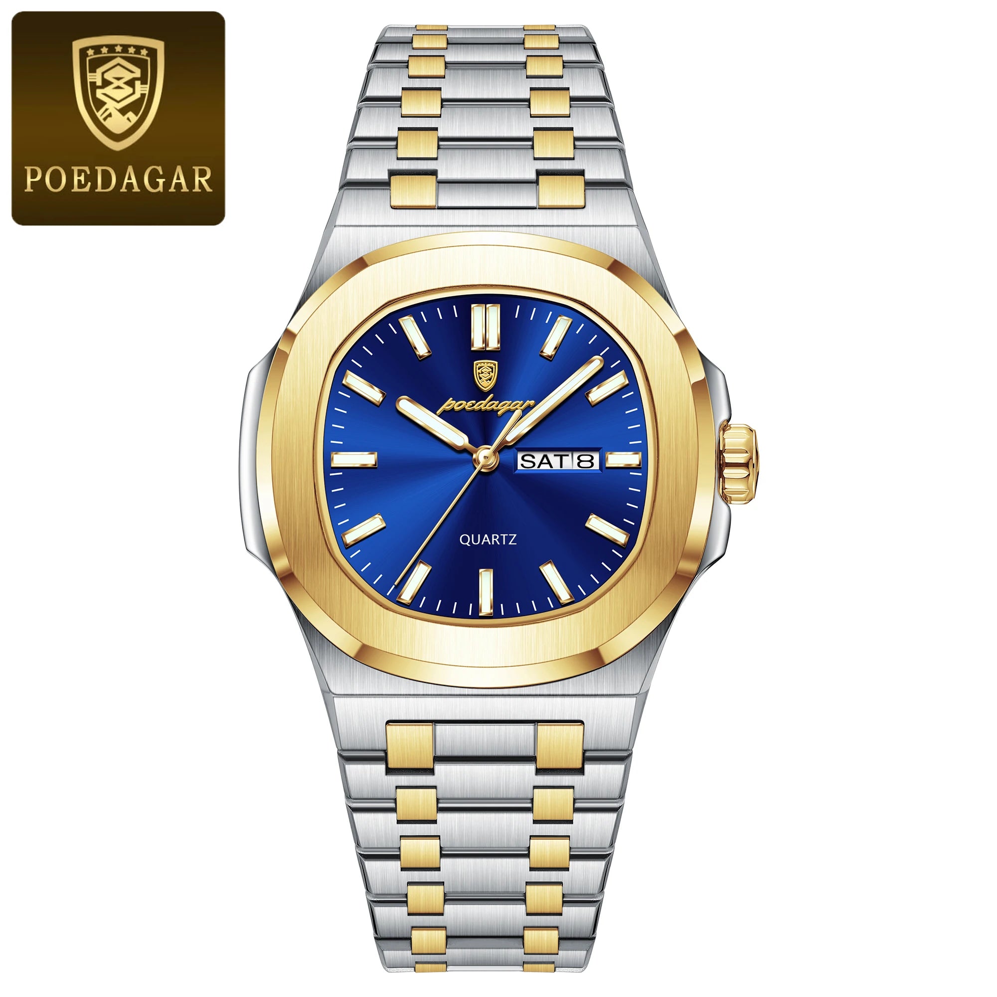 POEDAGAR, relojes cuadrados de lujo para hombre, Reloj luminoso resistente al agua con fecha y semana para hombre, Reloj de pulsera de cuarzo a la moda de acero inoxidable para hombre