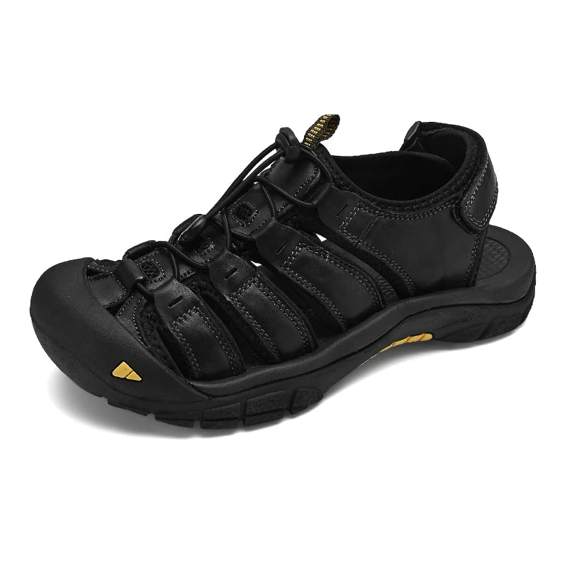 Sandalias de piel auténtica para hombre, zapatos informales transpirables de diseño a la moda, fondo suave, talla grande, para playa y exteriores, novedad de verano