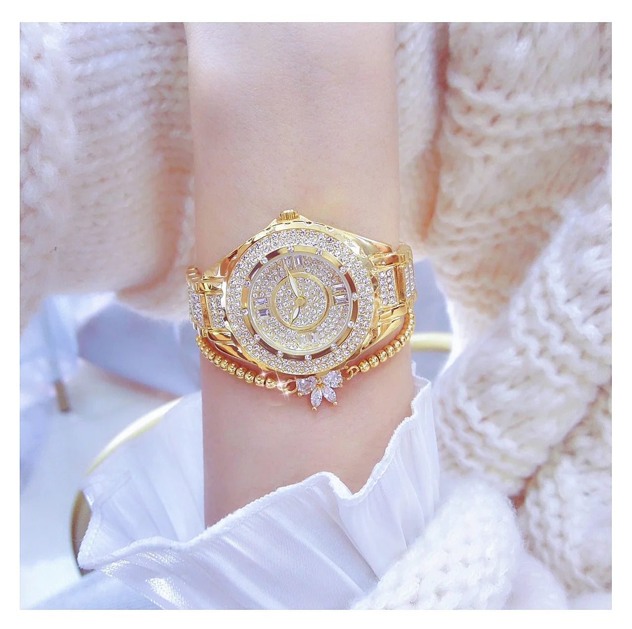 2025 relojes de diamantes de cristal para mujer, reloj elegante Original de oro para mujer con conjunto de pulsera, regalo de oro rosa para novia y esposa