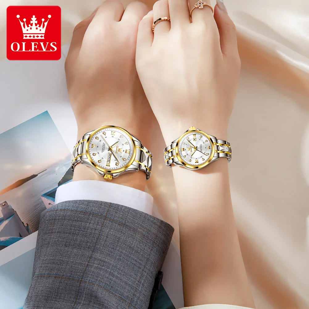OLEVS, reloj de cuarzo Original superior para parejas, reloj de lujo con esfera de diamante a escala romana para hombres y mujeres, reloj de mano resistente al agua con correa de rombos