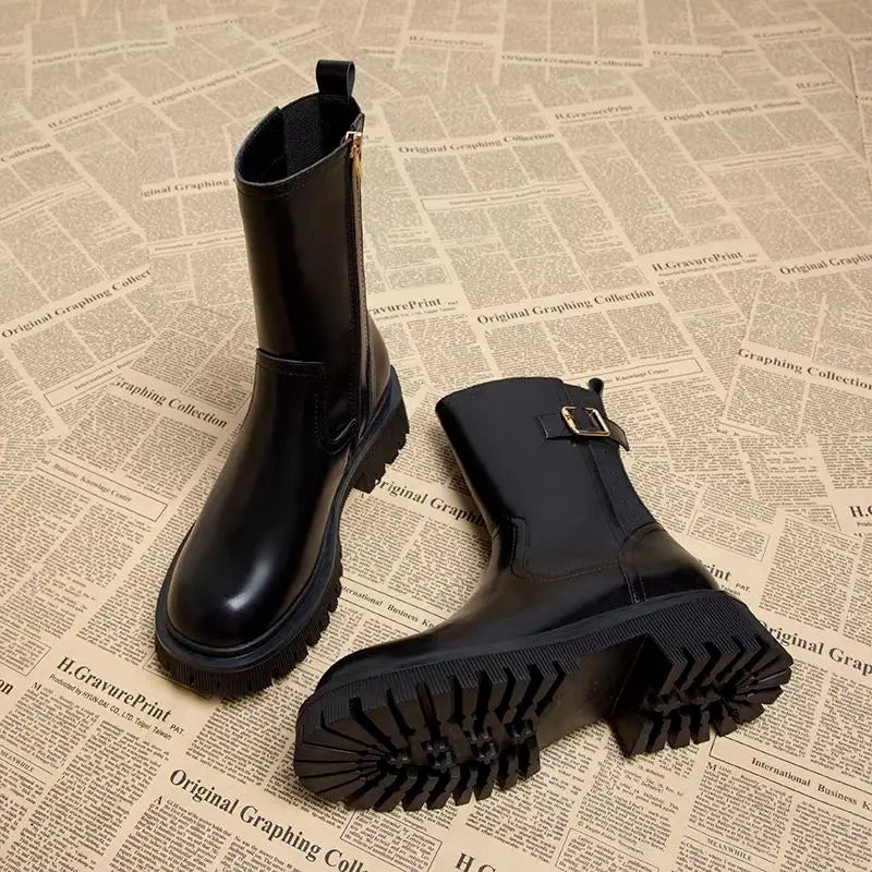 Botas medio altas para mujer, zapatos Chelsea con punta redonda a media pantorrilla para mujer, calzado marrón de tacón medio, oferta gótica de entretiempo para primavera y otoño