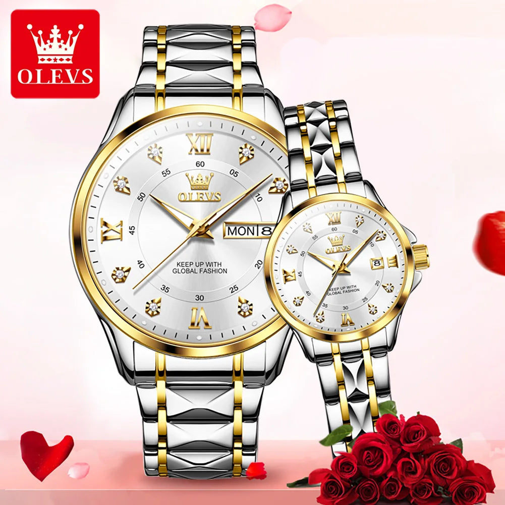 OLEVS, reloj de cuarzo Original superior para parejas, reloj de lujo con esfera de diamante a escala romana para hombres y mujeres, reloj de mano resistente al agua con correa de rombos