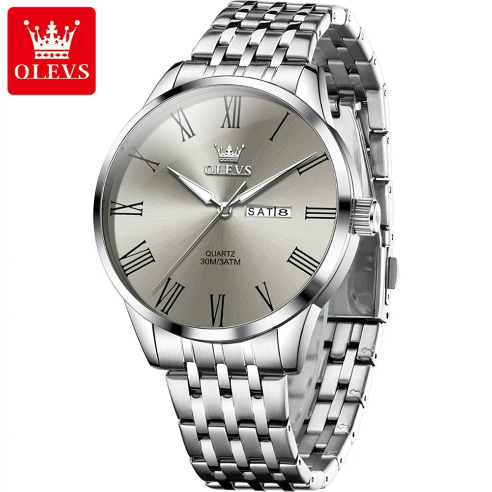 OLEVS, reloj minimalista de negocios de acero inoxidable para hombre, manecillas luminosas de lujo, calendario a escala romana, relojes de cuarzo resistentes al agua para hombre