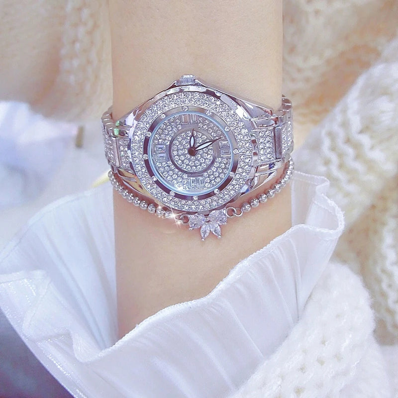 2025 relojes de diamantes de cristal para mujer, reloj elegante Original de oro para mujer con conjunto de pulsera, regalo de oro rosa para novia y esposa
