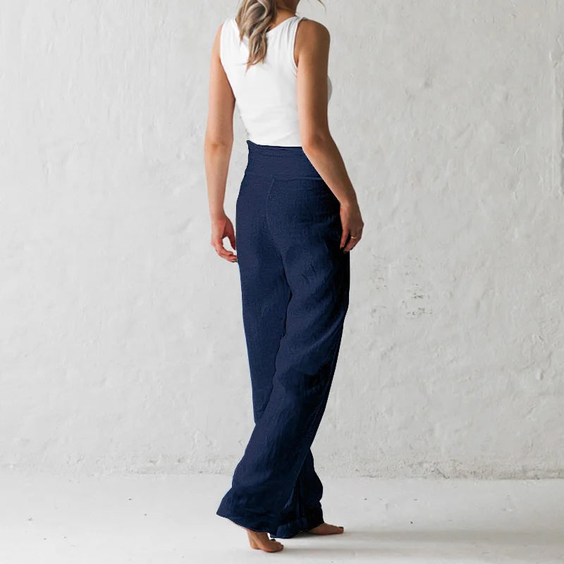 Pantalones informales con bolsillo para mujer, Color sólido, elásticos, con encuadernación, línea de algodón elegante, cintura alta, verano 2024