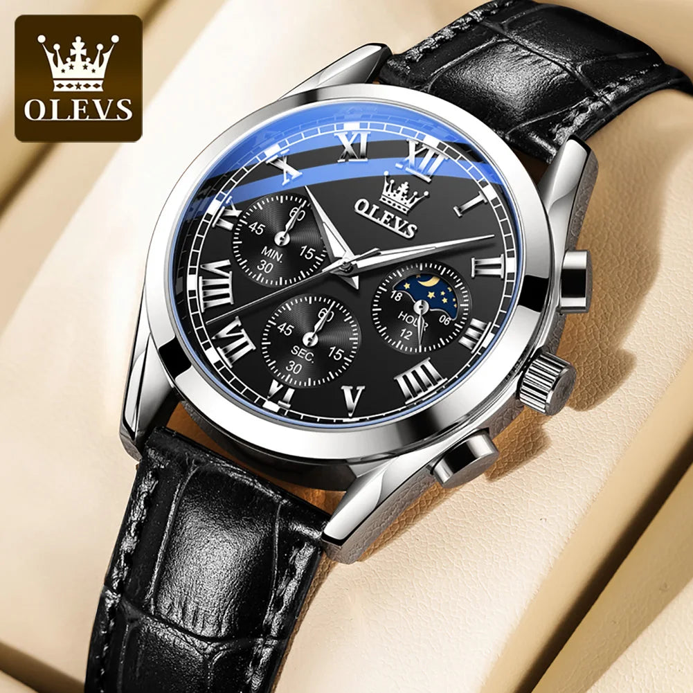 OLEVS 2871 reloj de cuarzo para hombre de la mejor marca, reloj de negocios noctilucente resistente al agua de lujo, correa de cuero, reloj de fase lunar, reloj Masculino