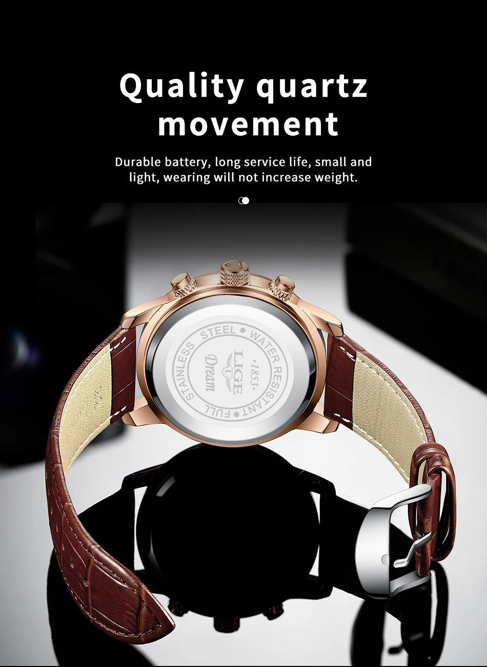 Nuevos relojes para hombre LIGE, marca superior, reloj de pulsera de lujo para hombre, reloj de cuarzo de cuero, reloj deportivo resistente al agua para hombre, reloj Masculino + caja