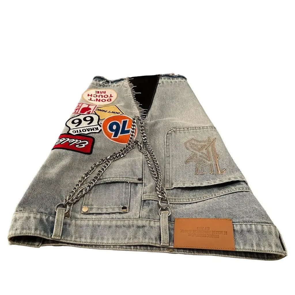 Ropa de calle, pantalones cortos vaqueros holgados de Fitness para hombres y mujeres, pantalones cortos vaqueros con parche gráfico de dibujos animados Harajuku Hip Hop, pantalones cortos góticos Retro azules