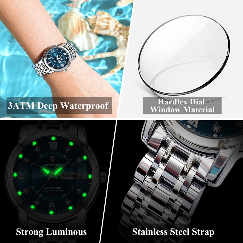 POEDAGAR, reloj de pulsera de lujo para mujer, resistente al agua, luminoso, fecha, semana, relojes para mujer, vestido elegante de acero inoxidable, reloj de cuarzo para mujer