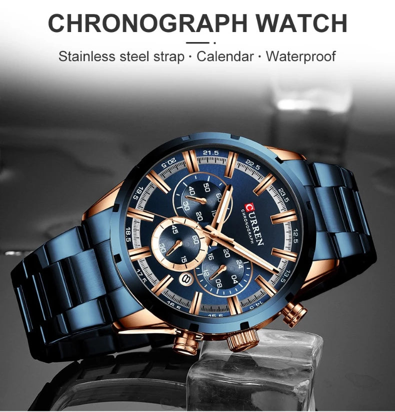 Reloj de pulsera CURREN de Cuero militar de lujo de la mejor marca, relojes deportivos informales para hombres, reloj de pulsera azul para hombre, reloj de pulsera cronógrafo de moda