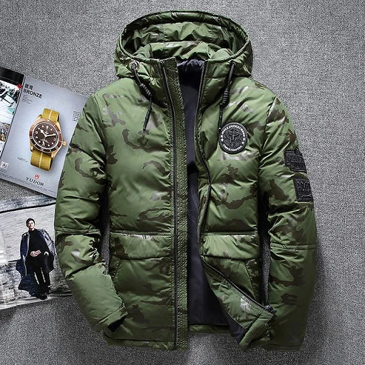 Parkas de invierno de alta calidad para hombre, cortavientos, Parkas de plumón de pato blanco, chaquetas cálidas gruesas con capucha de camuflaje para nieve, abrigo