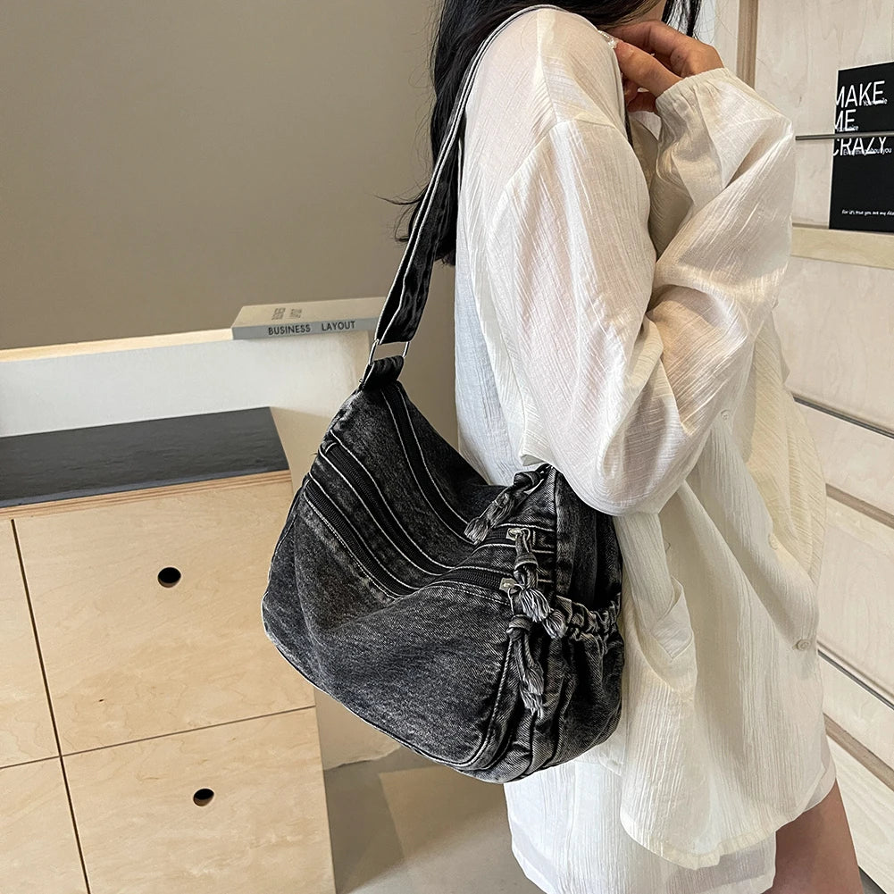 Bolso cruzado de mezclilla para mujer, bolso de hombro de gran capacidad, correa ajustable, bolso Vintage, bolsos de mensajero informales con múltiples bolsillos