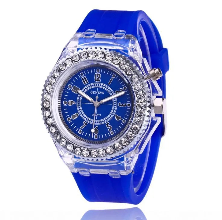 Relojes luminosos con destellos de luz LED para mujeres, hombres, niños y niñas, reloj de pulsera de silicona, reloj de diamantes de imitación a la moda, reloj para niños, reloj Saati