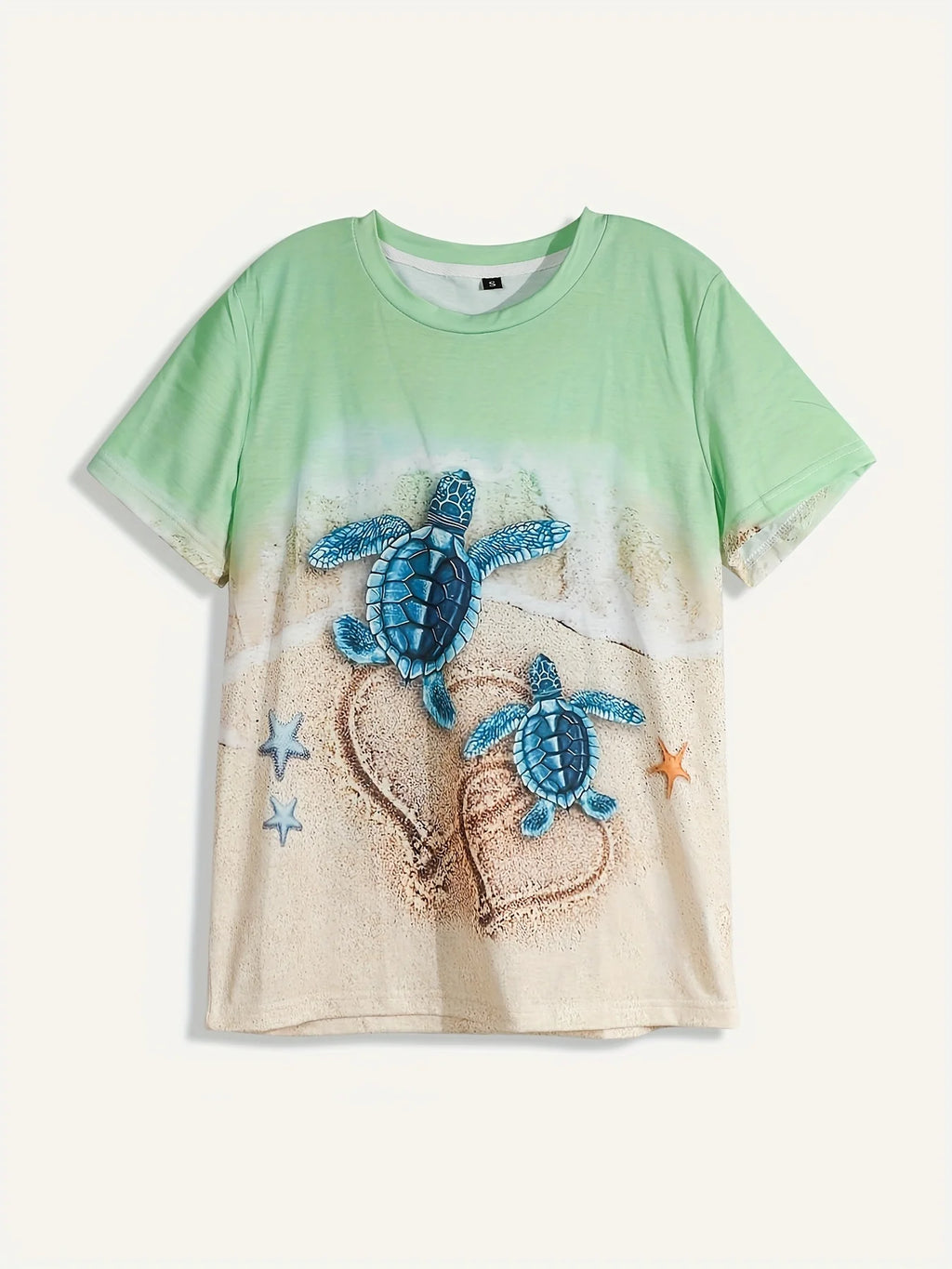 Camiseta de Mujer Mint Beach Turtle - Estampado de Tortuga Azul y Corazón de Arena, Diseño de Vacaciones Costeras para Uso Diario Informal