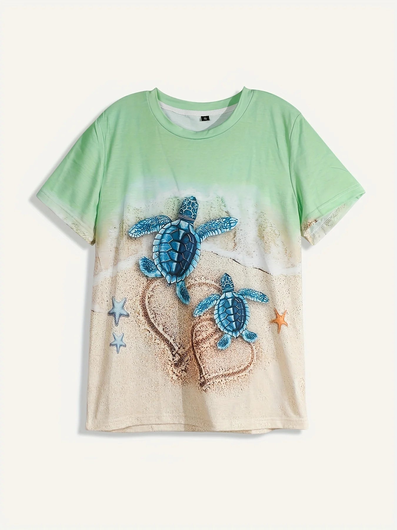 Camiseta de Mujer Mint Beach Turtle - Estampado de Tortuga Azul y Corazón de Arena, Diseño de Vacaciones Costeras para Uso Diario Informal