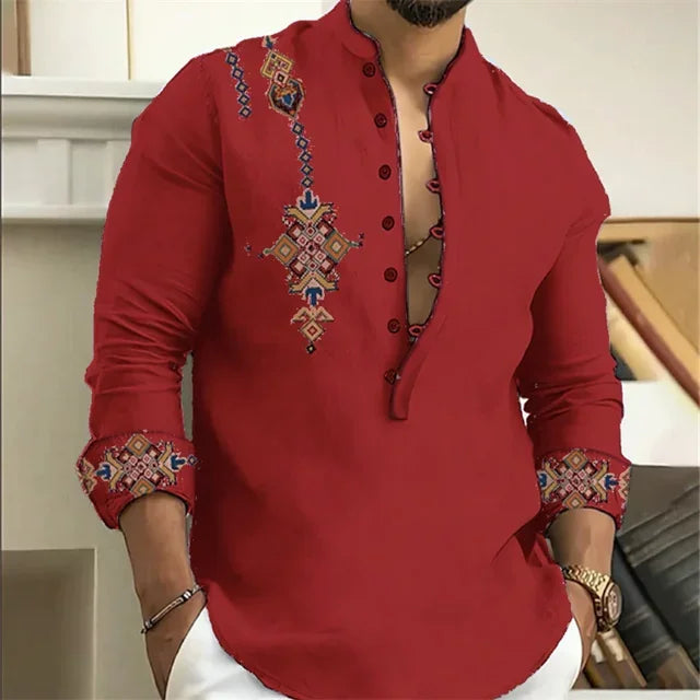 2025 Men's Shirt 15 Colors Tribe Pattern Printing Retro Geometry Leads Outdoor Street Long Sleeve Shirt Super Large Size S-5XL