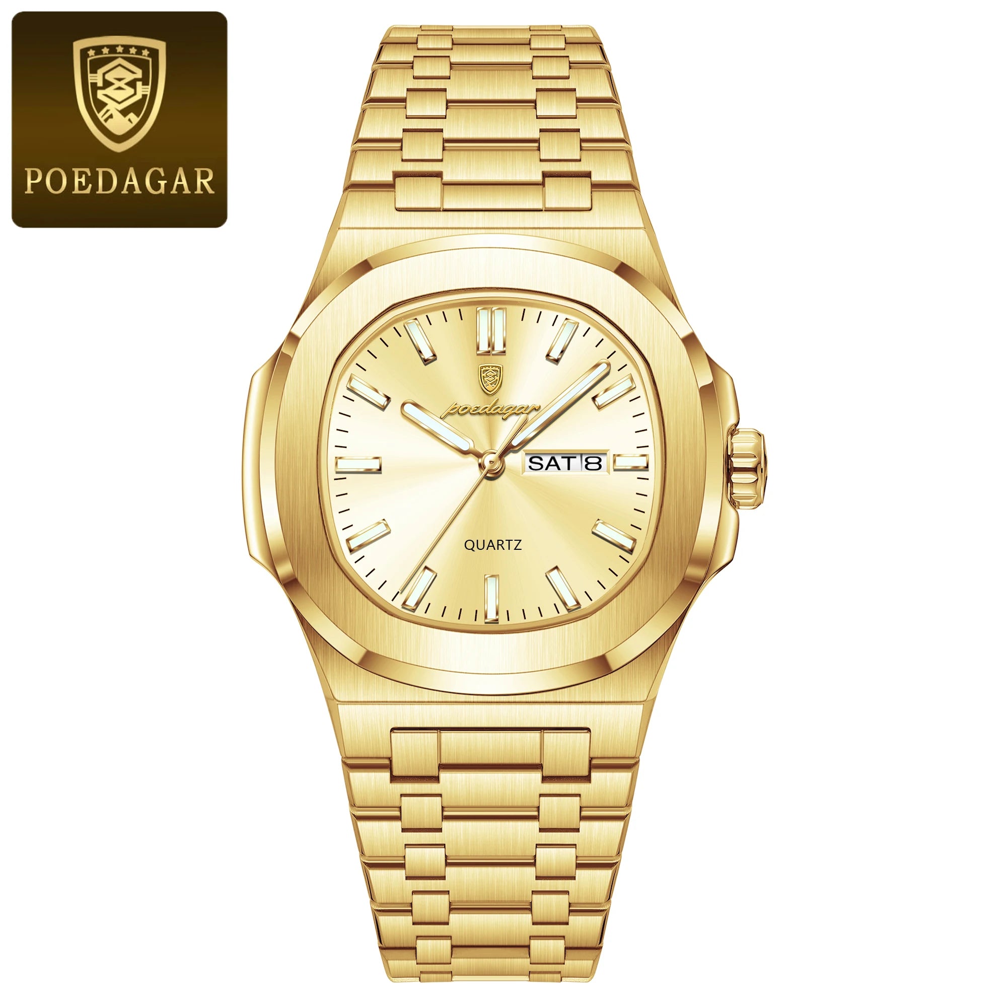 POEDAGAR, relojes cuadrados de lujo para hombre, Reloj luminoso resistente al agua con fecha y semana para hombre, Reloj de pulsera de cuarzo a la moda de acero inoxidable para hombre