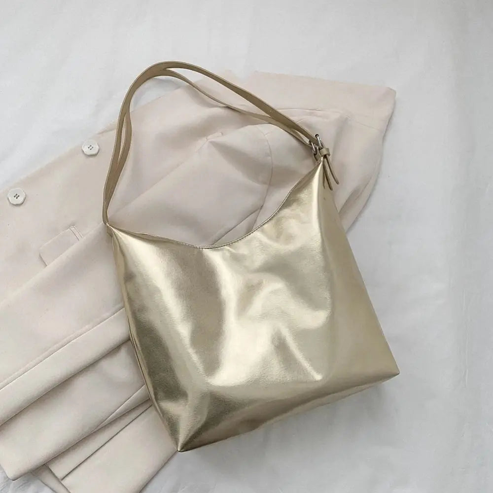 Bolso de mano con asa superior de PU para mujer, bolso de compras de diseñador de lujo, bolso de mano informal de cuero dorado plateado de alta capacidad, moda