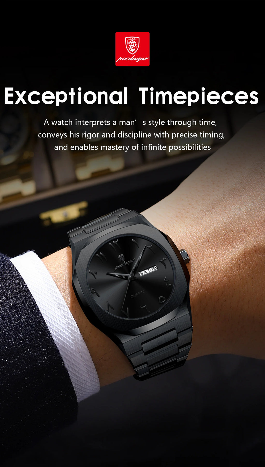 Reloj militar POEDAGAR para hombre, resistente al agua, calendario semanal de lujo, reloj de pulsera para hombre, relojes de cuarzo de acero inoxidable a la moda para hombre