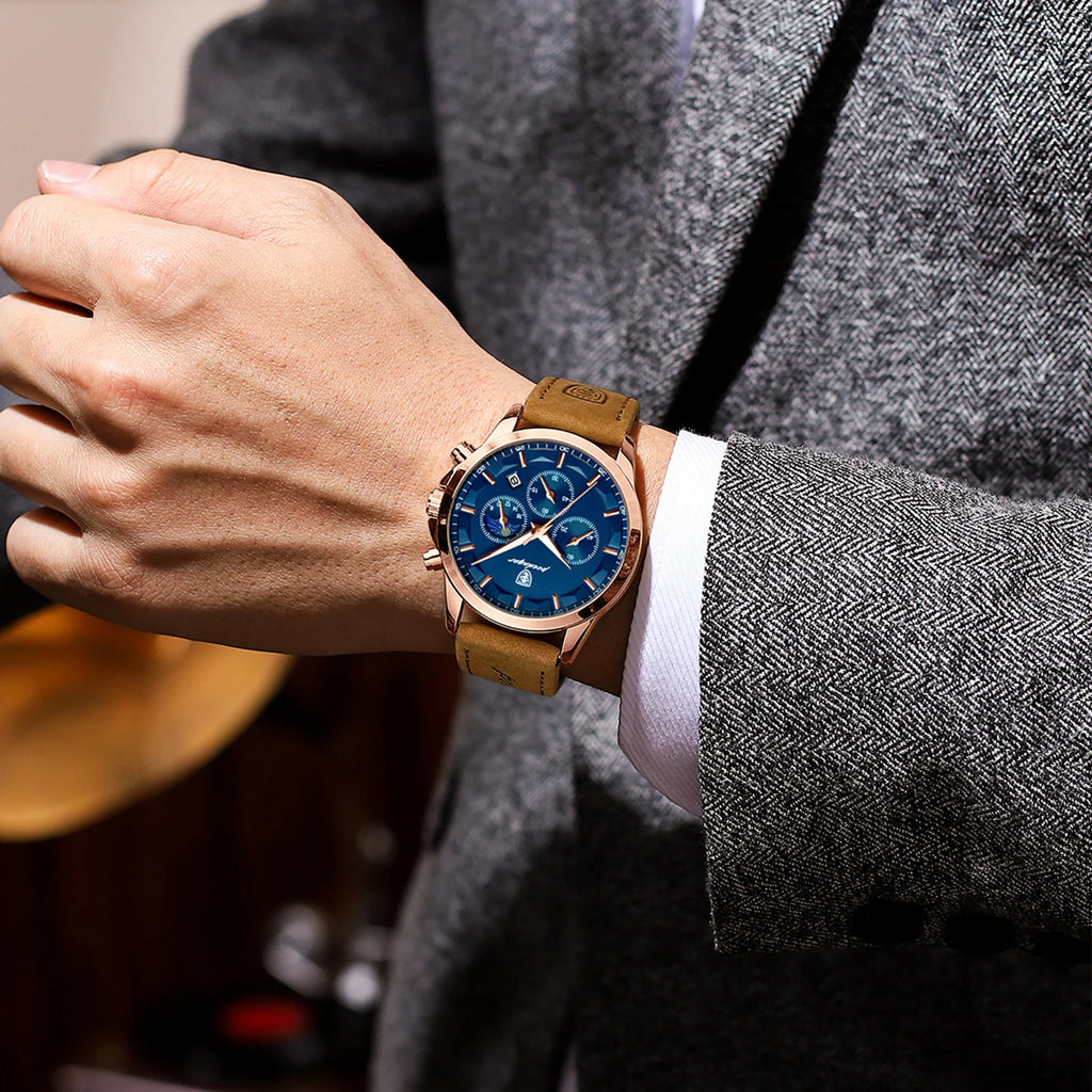 POEDAGAR, reloj deportivo de cuarzo de lujo para hombre, cronógrafo resistente al agua, reloj de pulsera luminoso con fecha para hombre, relojes de cuero de negocios para hombre