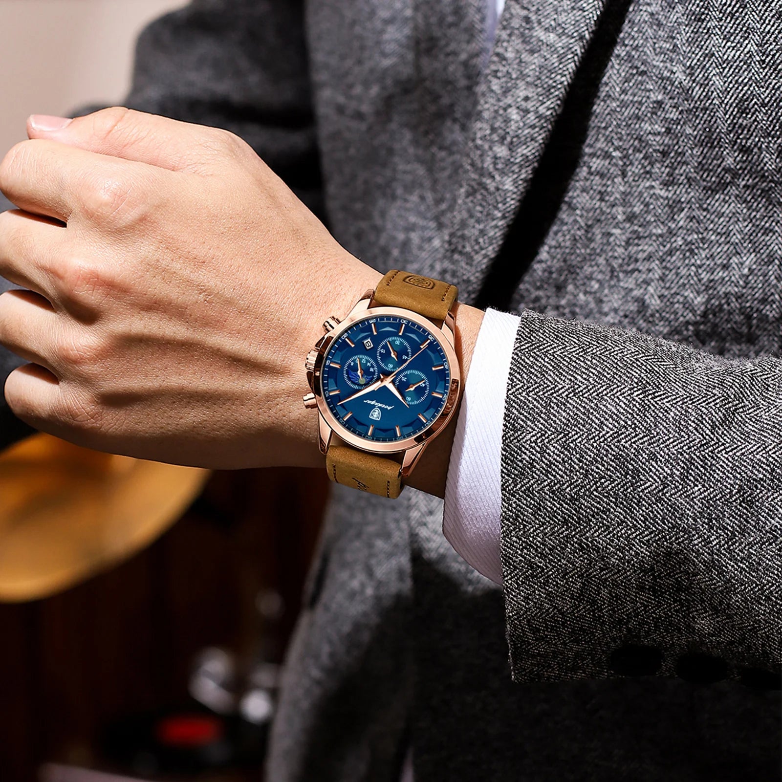 POEDAGAR, reloj deportivo de cuarzo de lujo para hombre, cronógrafo resistente al agua, reloj de pulsera luminoso con fecha para hombre, relojes de cuero de negocios para hombre