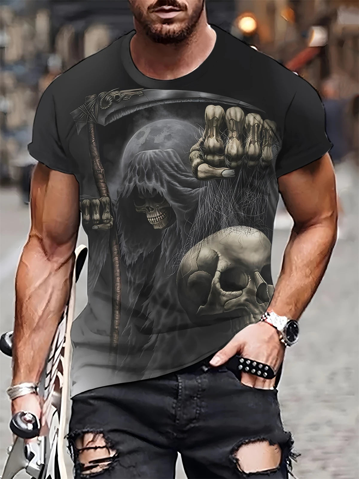 Camiseta de manga corta con estampado 3D de cabeza de calavera para hombre, camiseta de cuello redondo de estilo Punk, ropa de gran tamaño para exteriores de verano, novedad