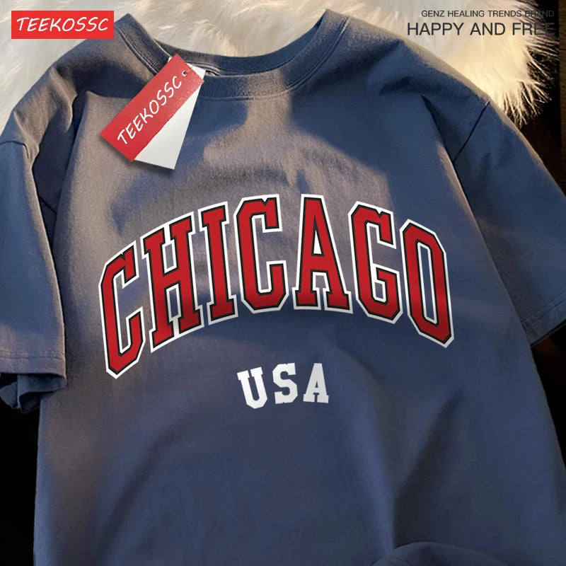 Camiseta gráfica de ciudad clásica de Chicago Usa para hombre, camisetas de calle con cuello redondo, ropa, camiseta informal de algodón de manga corta para pareja