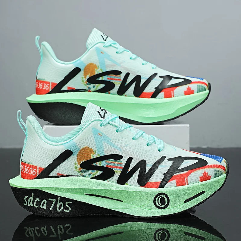 Zapatillas para correr unisex ligeras y transpirables - Tecnología de placa de carbono completa, combinación de colores blanco/azul/naranja, diseño de malla de caña baja, adecuadas para maratón, carreras de velocidad y u