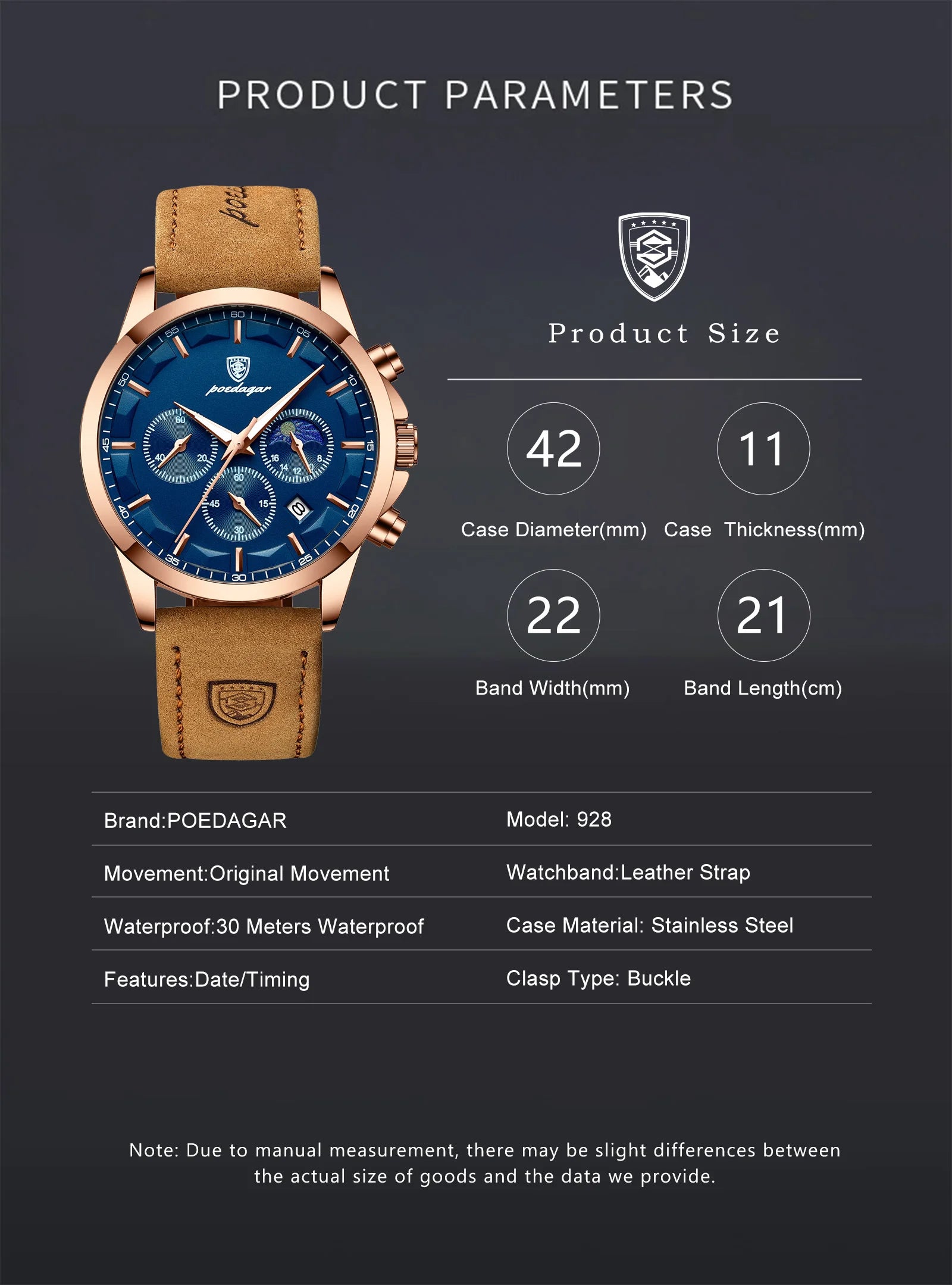 POEDAGAR, reloj deportivo de cuarzo de lujo para hombre, cronógrafo resistente al agua, reloj de pulsera luminoso con fecha para hombre, relojes de cuero de negocios para hombre
