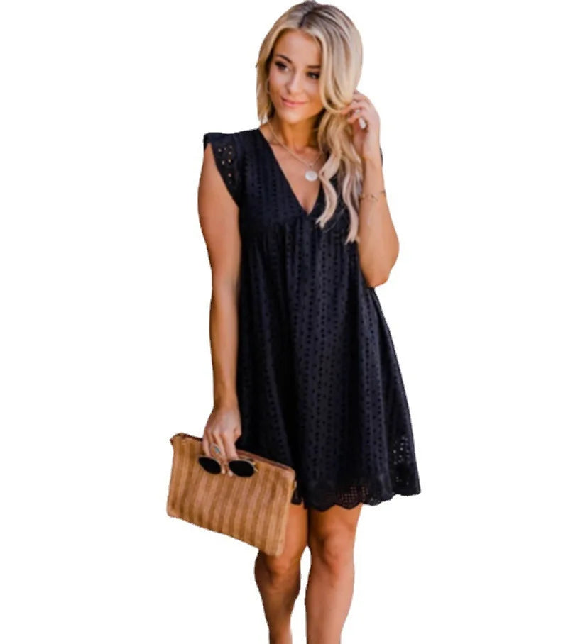 New women's summer fashion temperament, solid color lace jacquard hollow V-neck casual sexy dress for work