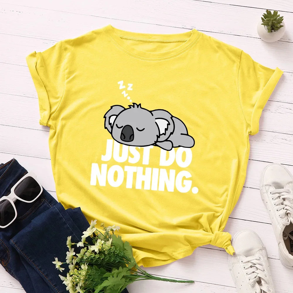 Just Do Nothing - Koala Print T-Shirt for Women, Loose Short-Sleeve Round Neck Blouse, Women's Clothing