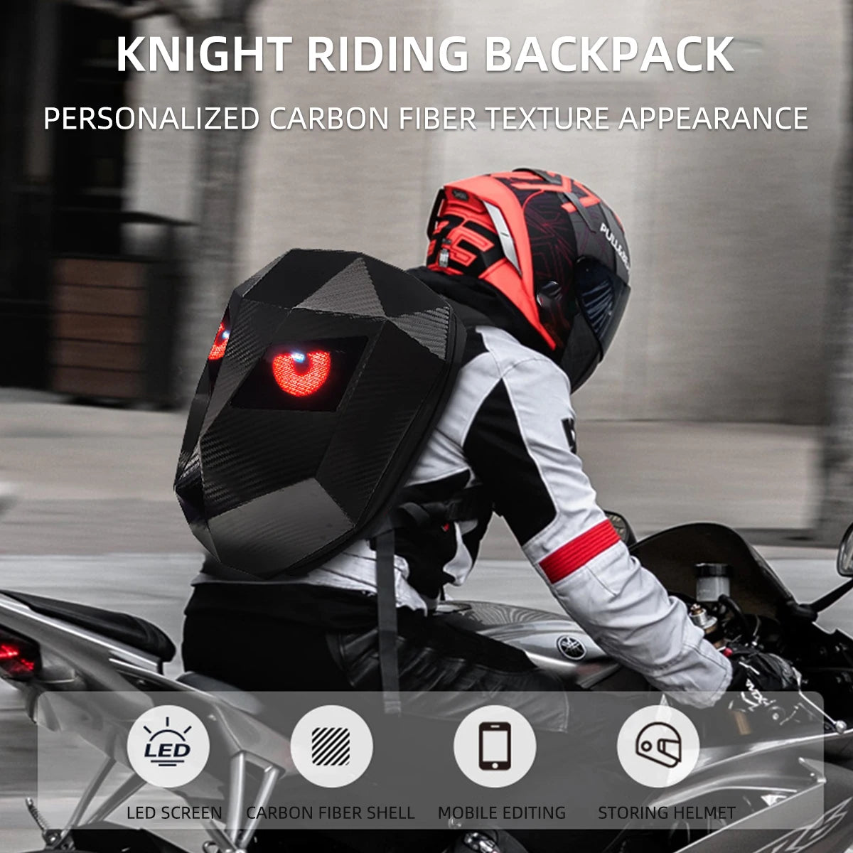 Mochila LED para motociclista, diseño de ojos brillantes, textura de fibra de carbono, casco, locomotora, mochila escolar, mochila para ordenador portátil de Moto
