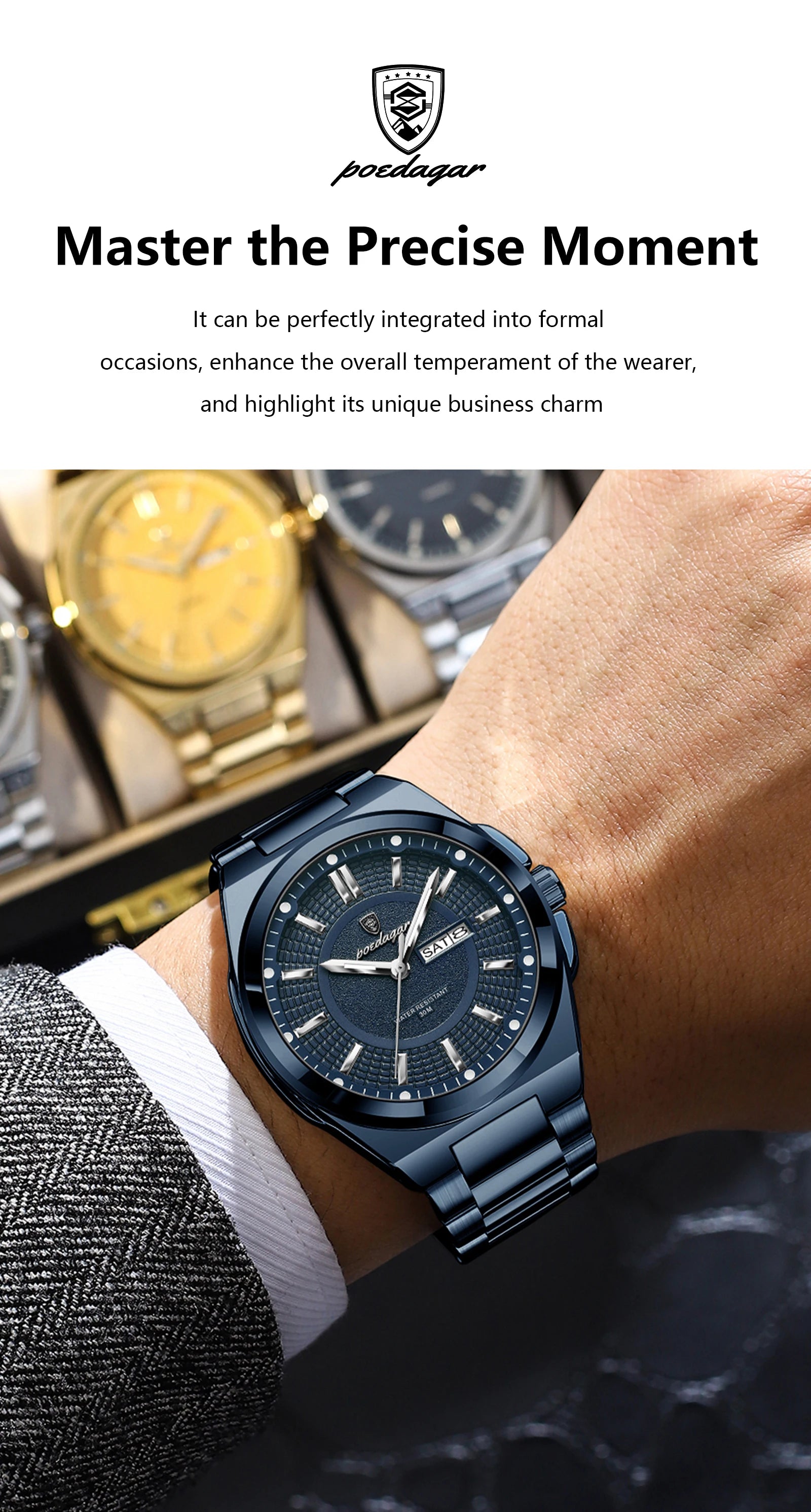 Reloj deportivo POEDAGAR Original para hombre, Reloj de pulsera de cuarzo con fecha y semana de lujo para hombre, relojes luminosos resistentes al agua de acero inoxidable para hombre