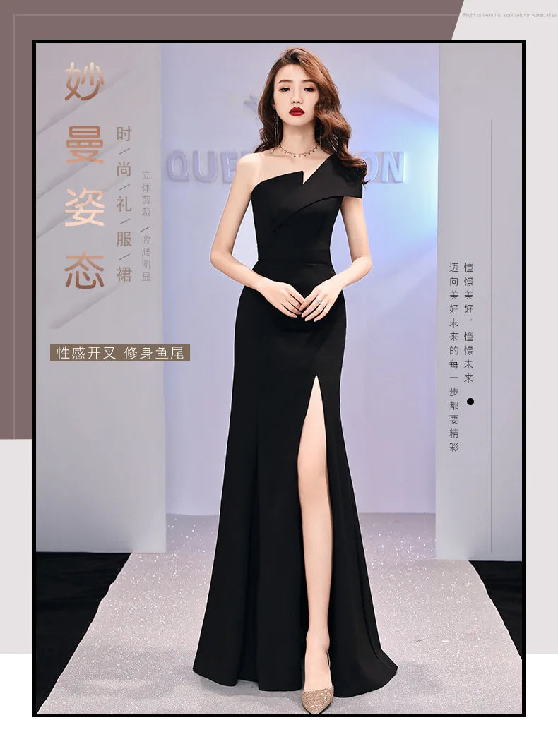 Vestido de noche de presentador, lujo ligero, vestido largo negro de un hombro de nicho, cola de pez, vestido de un hombro, mujer