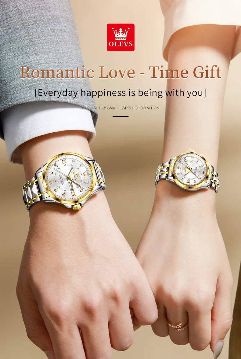OLEVS, reloj de cuarzo Original superior para parejas, reloj de lujo con esfera de diamante a escala romana para hombres y mujeres, reloj de mano resistente al agua con correa de rombos