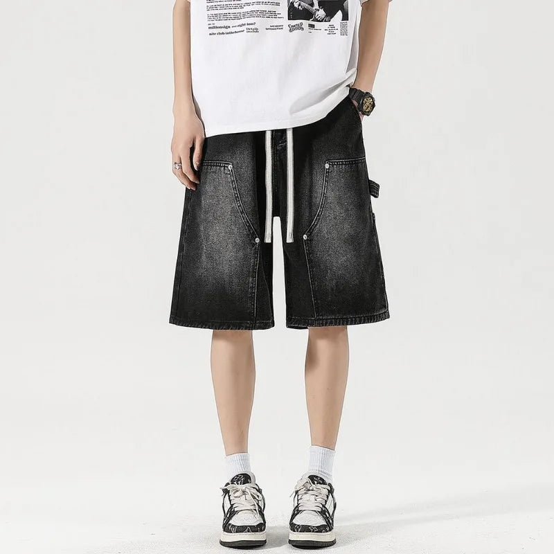 Streetwear Fashion Men's Denim Shorts Summer Loose Vintage Harajuku Spliced Hip-hop Cargo Moto Short Jeans Black Blue