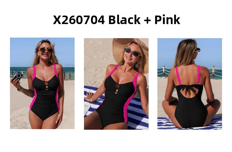 Nuevo Traje de Baño de Una Pieza para Mujer 2026, Traje de Baño Transfronterizo de Alta Elasticidad, Secado Rápido, Tela de Nailon, Sin Mangas, Color Puro