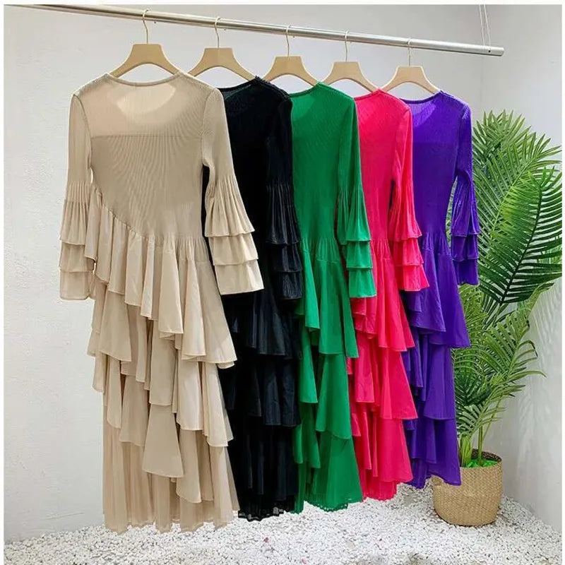 GVUW, vestido plisado para mujer, manga acampanada completa, línea A, volantes empalmados, cuello redondo, fiesta de noche, ropa elegante para mujer 17G4475