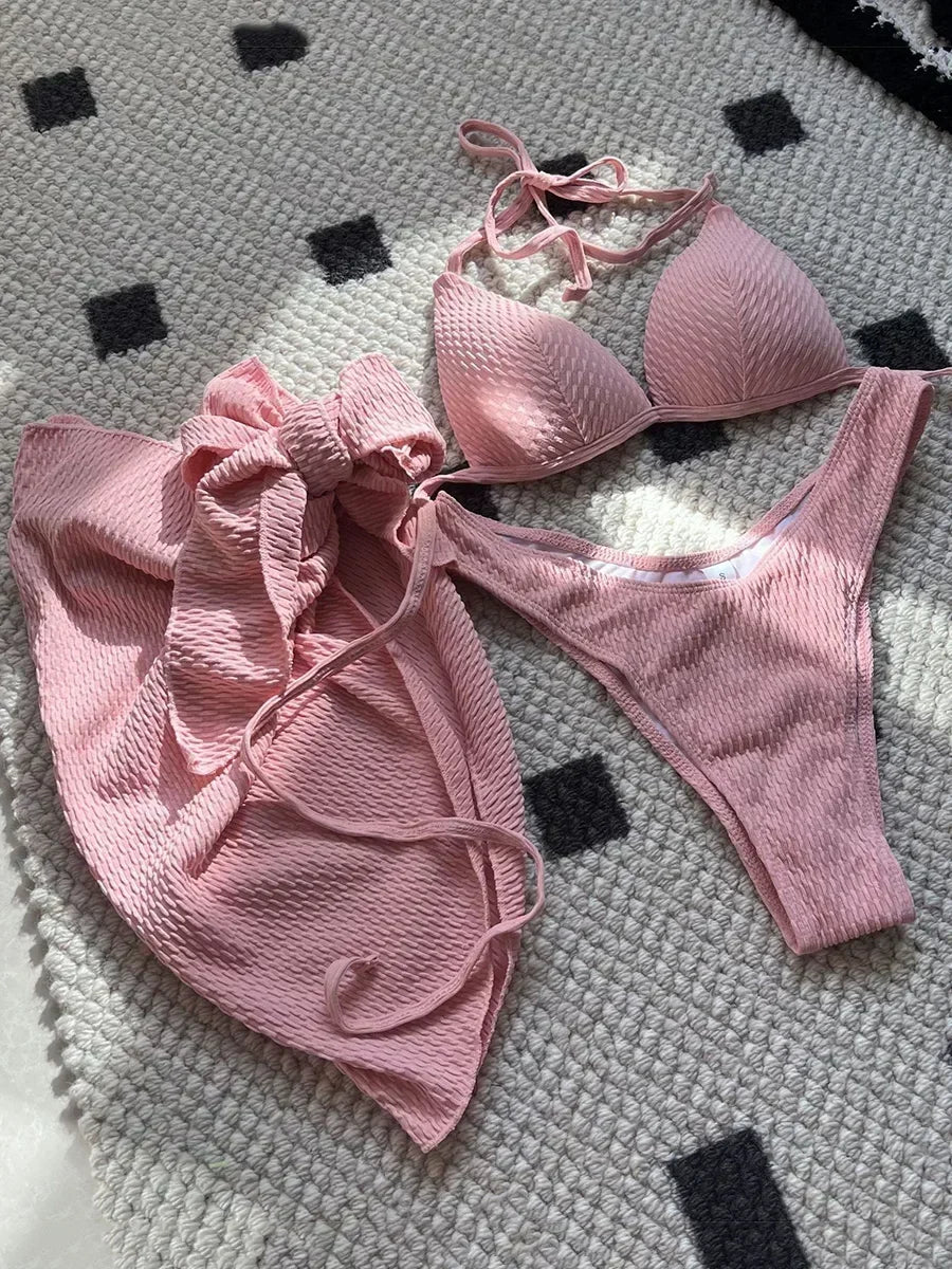 Skirt, Ruched Bikini with Bra Cup, Women's Swimsuit, Women's Bathing Suit, Three-Piece Bikini Set, Push Up Swimsuit, Swimming Beachwear
