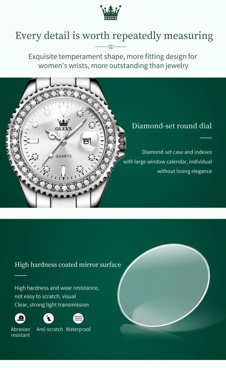 Reloj de cuarzo OLEVS Original con esfera de diamantes para mujer, relojes de moda para mujer, reloj de pulsera luminoso resistente al agua de acero inoxidable para mujer