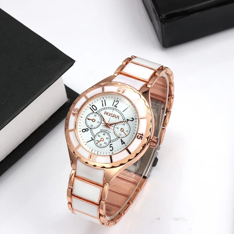 Reloj blanco de oro rosa para Mujer, Reloj clásico de acero y cerámica para Mujer, Reloj de pulsera para Mujer, Reloj femenino Saati