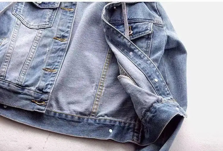 Chaqueta corta de mezclilla para mujer corta Otoño Invierno coreano de manga larga delgada con capucha versátil