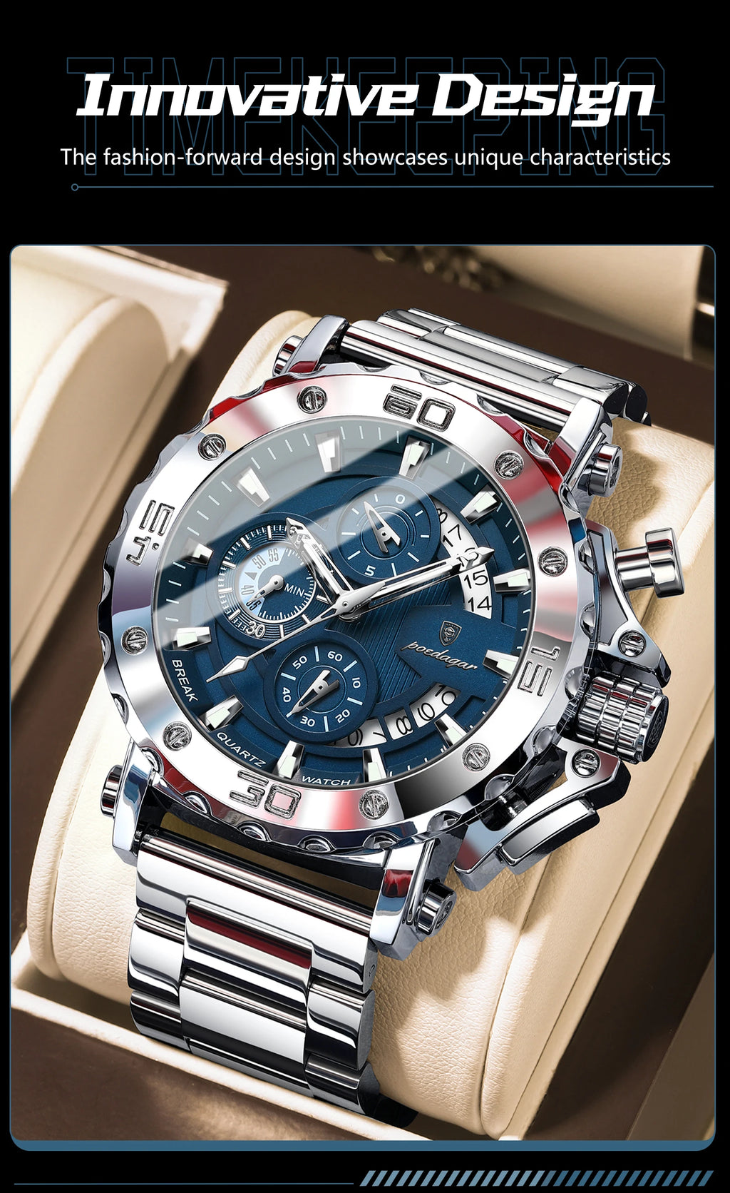 Reloj POEDAGAR de lujo para hombre, calendario luminoso, resistente al agua, Reloj para hombre, cronógrafo masculino, relojes de cuarzo de acero inoxidable para hombre