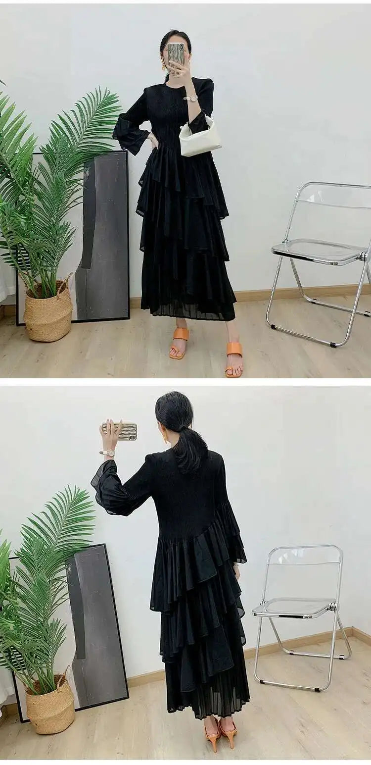 GVUW, vestido plisado para mujer, manga acampanada completa, línea A, volantes empalmados, cuello redondo, fiesta de noche, ropa elegante para mujer 17G4475