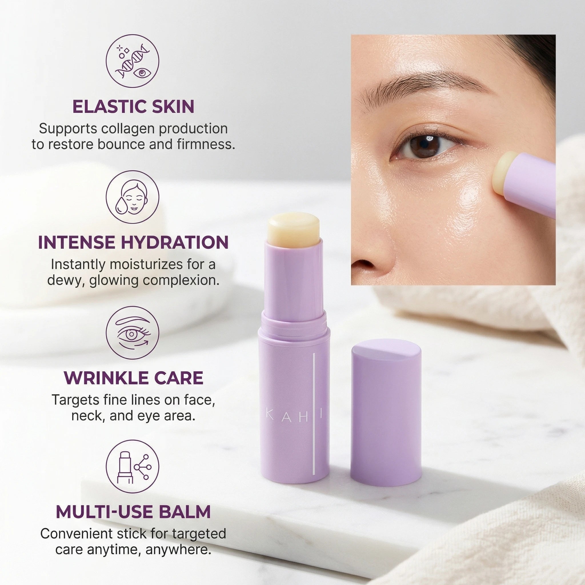 KAHI Bálsamo en Barra para Ojos con Acetil Hexapéptido 8, Reducción de Ojeras y Arrugas, Cuidado Anti-Hinchazón, Masajeador con Cabeza Metálica, Cuidado Facial Coreano